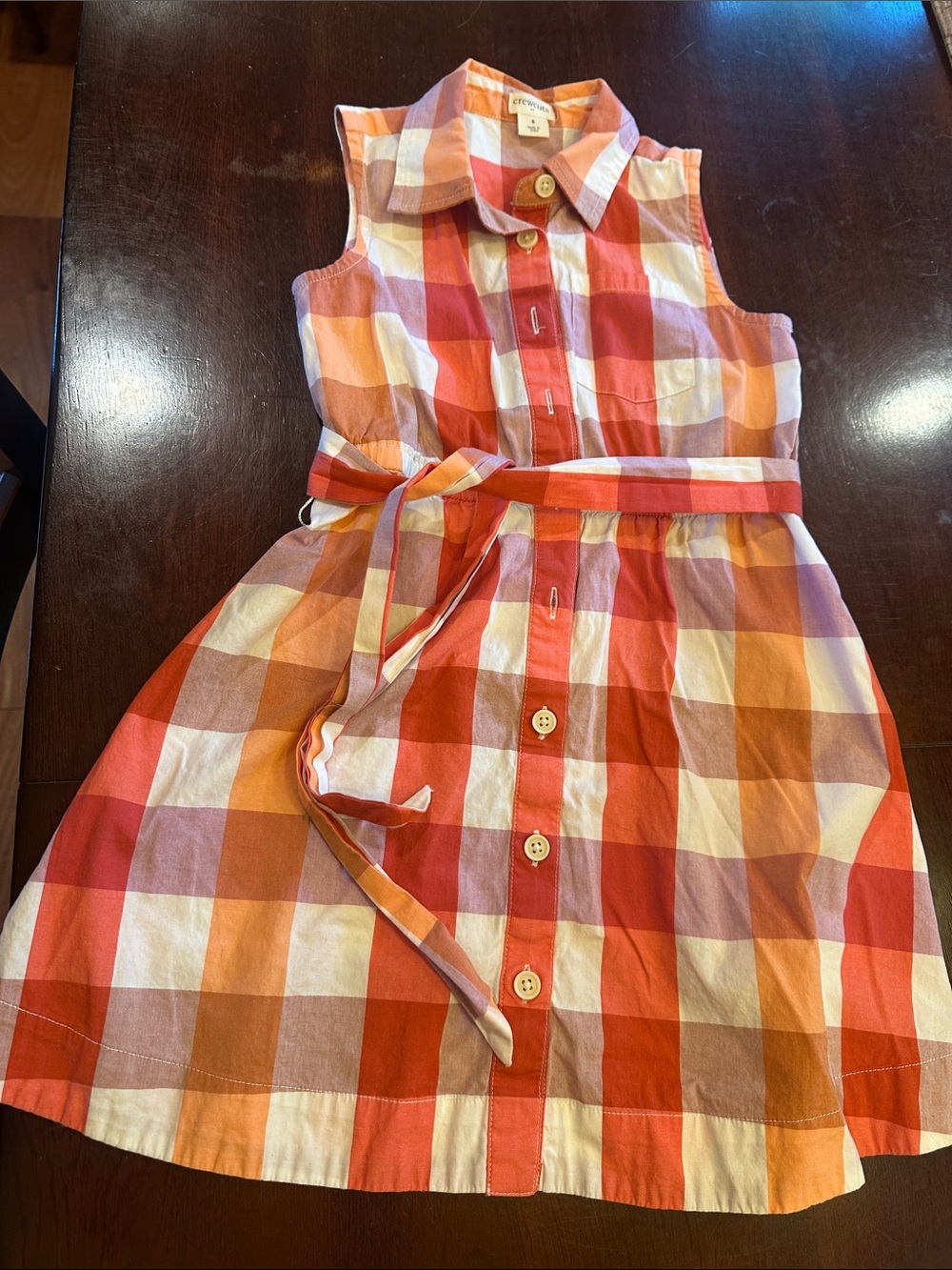 Crewcuts Orange & White Plaid Button-Front Dress with Tie Belt
